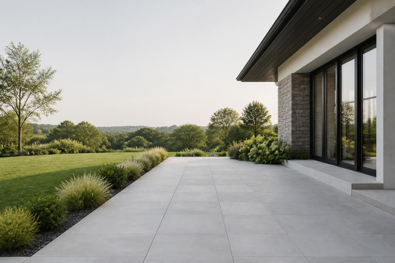 Finished patio and landscaped edge with open space
