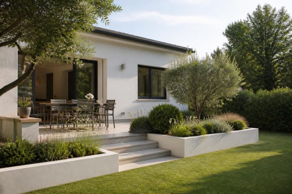 Modern renovated house exterior with fresh facade and garden terrace